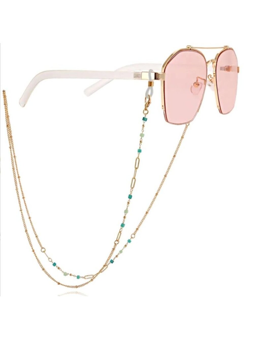 Gold Glasses Chain With Green & Clear Beading